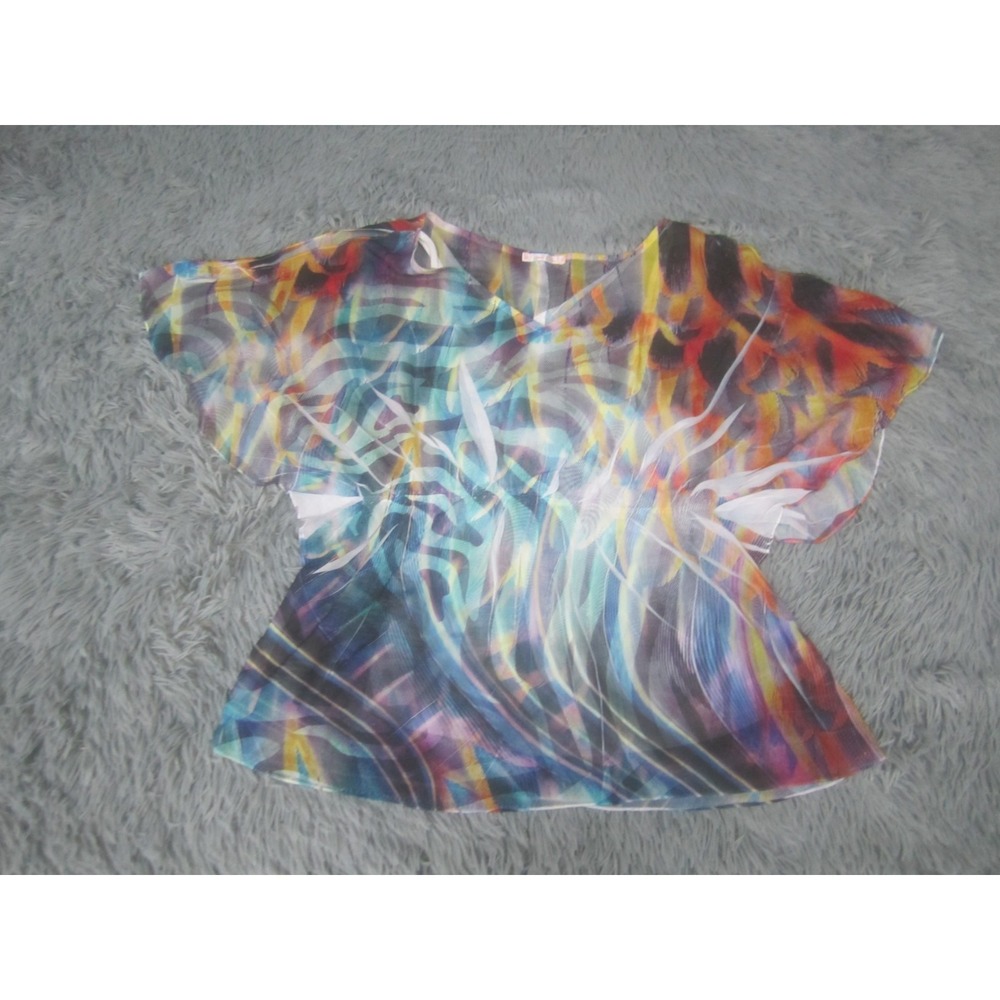Free 2 Luv Blouse Womens Medium Colorful V-Neck Flutter Sleeves Top